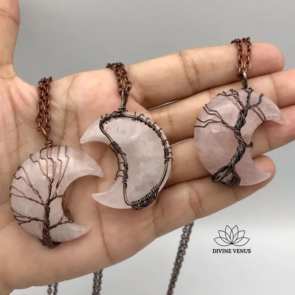 Rose Quartz - Wire Wrapped Moon Shaped Red Copper - Picture 7 of 8